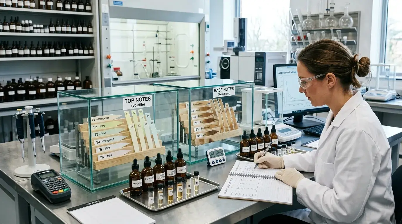 Fragrance evaporation testing setup showing volatility differences