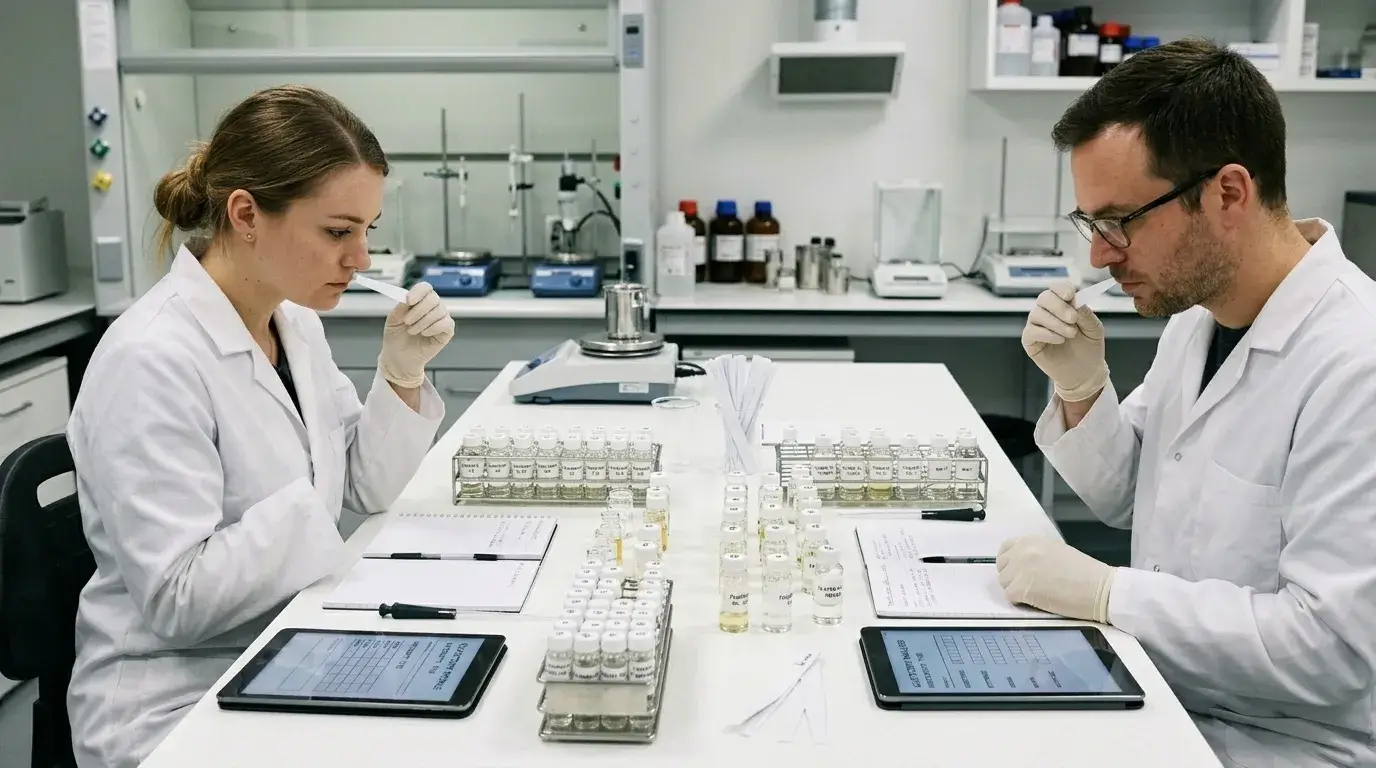 Flavor perception lab with aroma testing and ingestion simulation