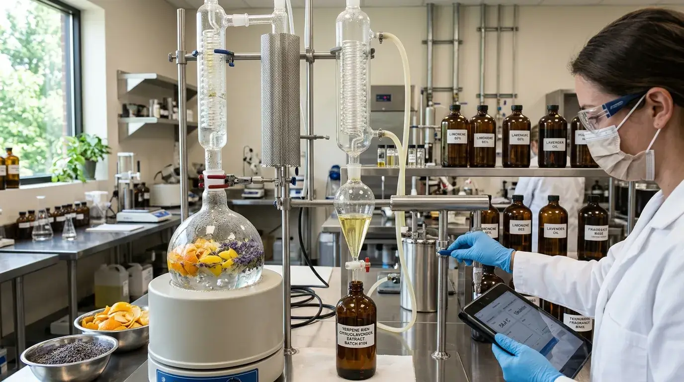 Essential oil terpene extraction with botanical raw materials and lab equipment