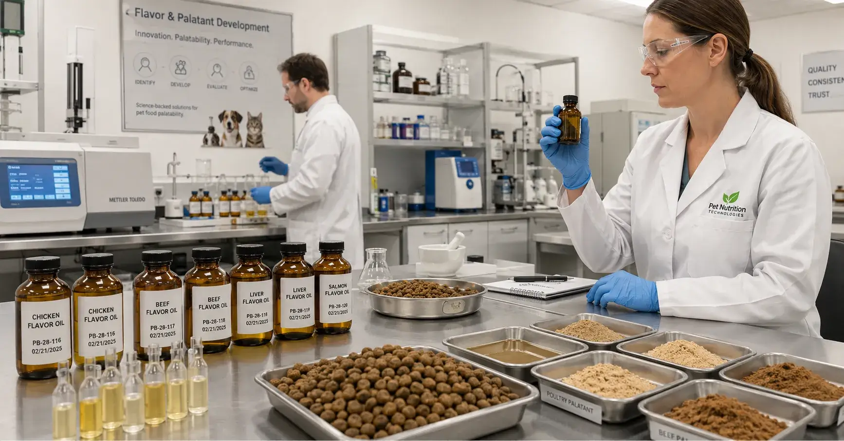 Dog food flavor production laboratory and palatant samples